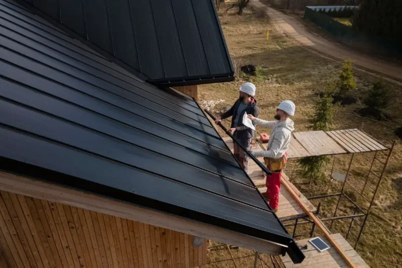 Delta roofers fixing long-run steel roofing on a new home